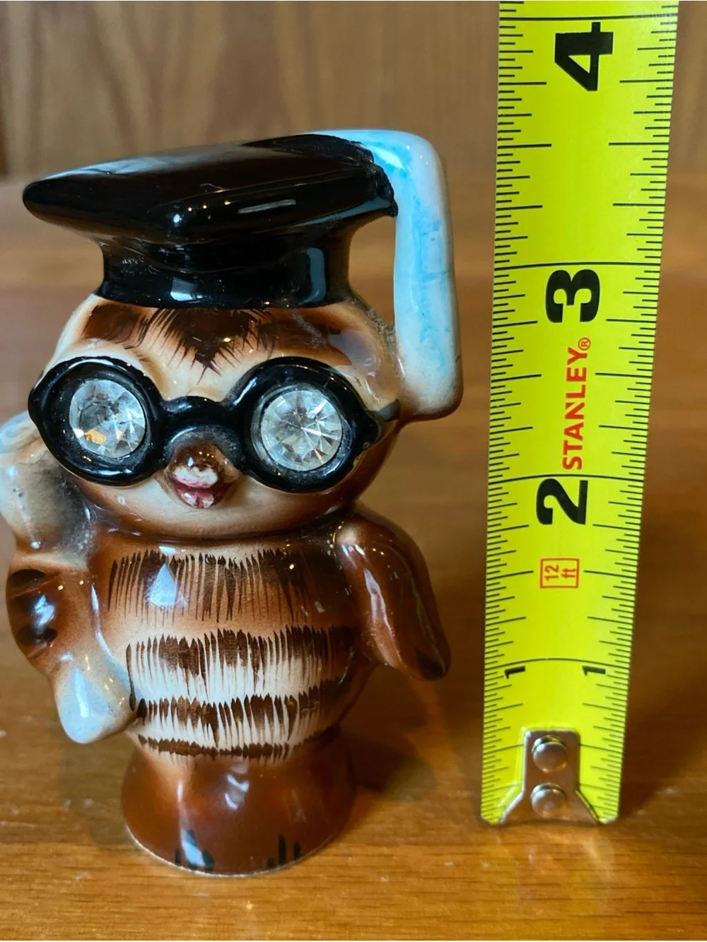 Vintage LEFTON Owl Salt Shaker Scholar Rhinestone Eyes 1956 Graduate Diploma